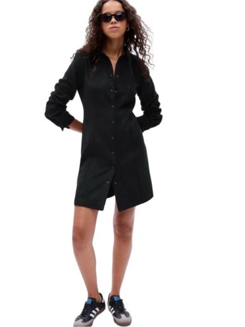 New Gap Classic Black Suede Mini Dress with Black Snaps & Collar L